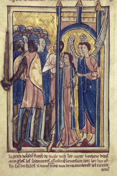 Lot offering his daughters to the inhabitants of Sodom, from a book of Bible Pictures by William de Brailes  